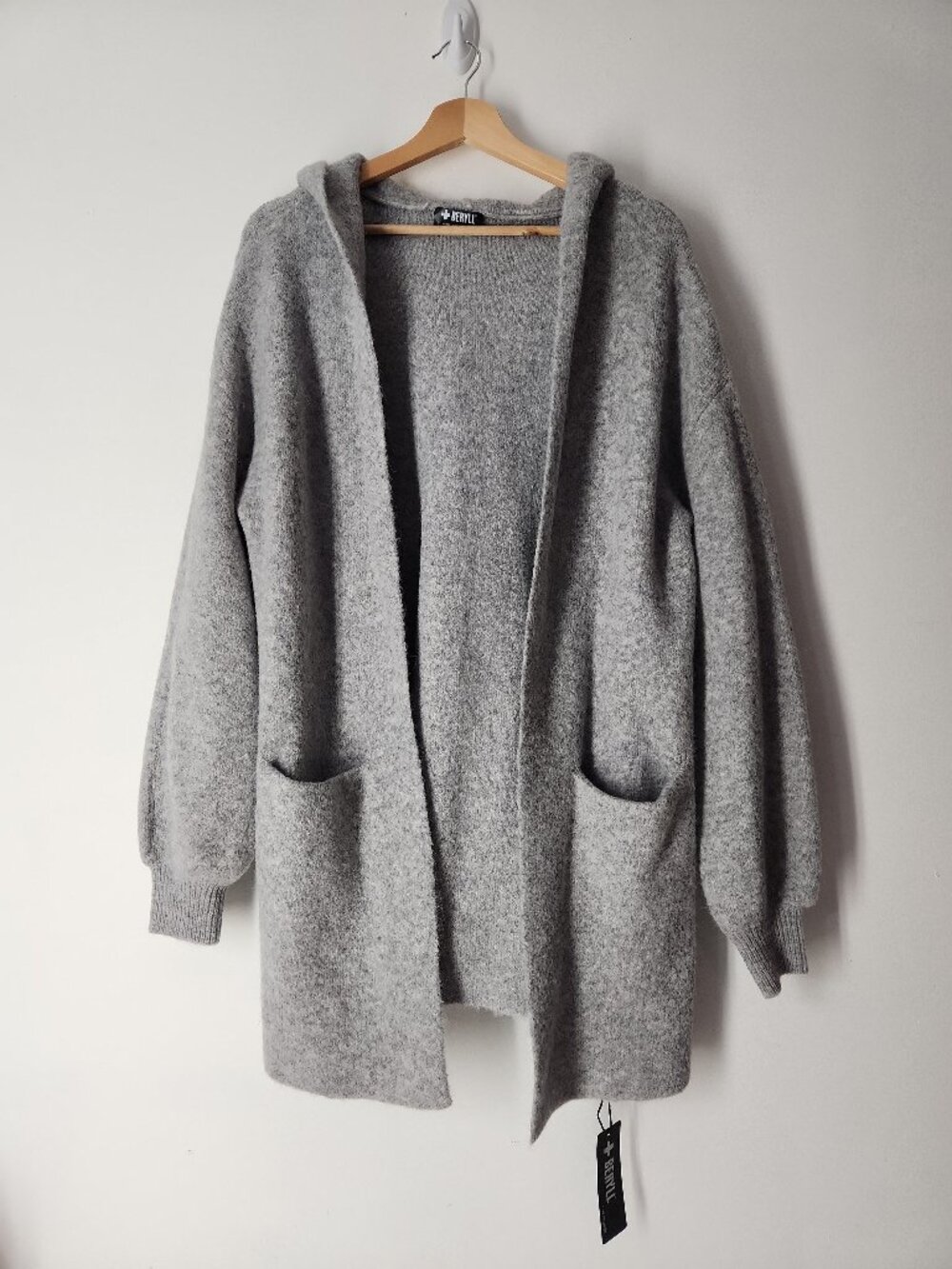 NWT Beryll Vivian Cardigan O/S Open Front Hooded Sweater Grey Cozy Cashmere